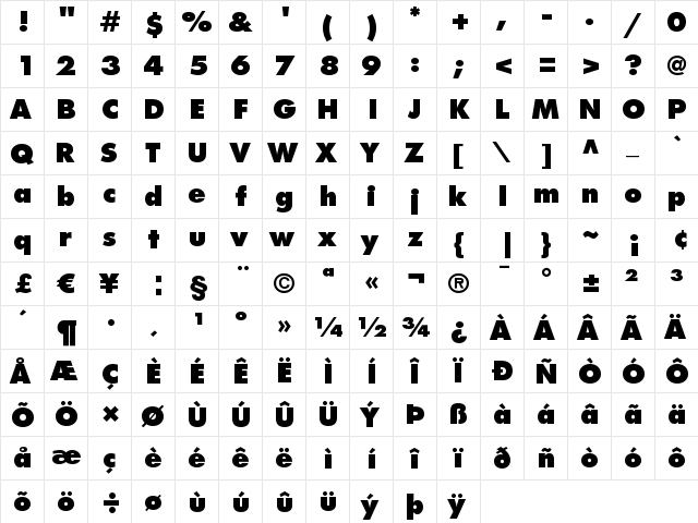 Futura LT ExtraBold  glyph index