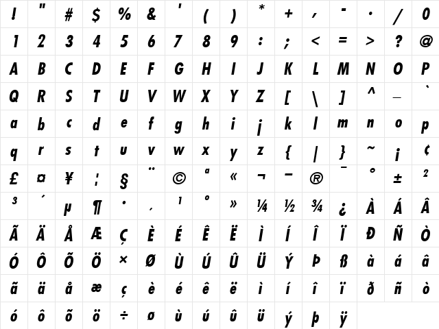 Futura-Condensed BoldItalic  glyph index