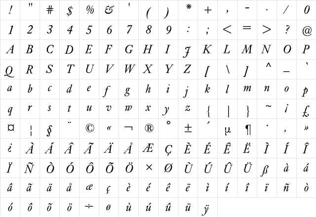 Ehrhardt BQ Regular  glyph index