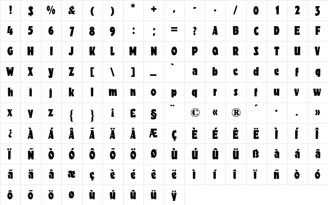 Fanfare BQ Regular  glyph index
