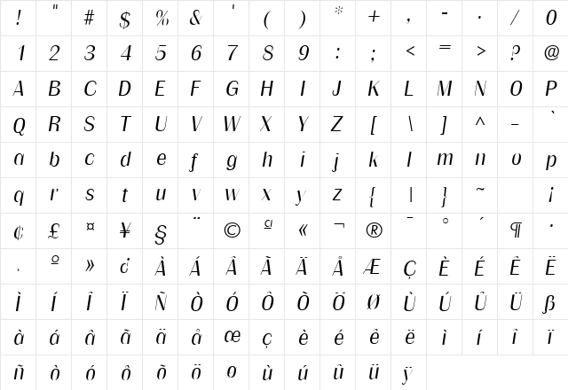 Grenoble Light SF Italic  glyph index