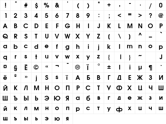 Avalanche Bold  glyph index