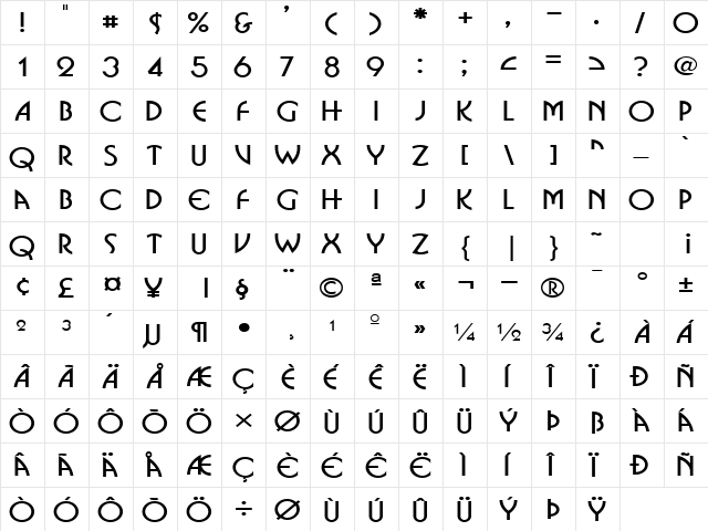 Bosnia Wide Normal  glyph index