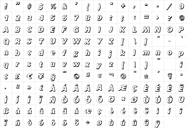 RogerBeckerShadow-ExtraBold Italic  glyph index