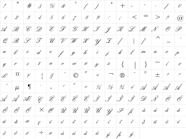 English 157 Regular  glyph index