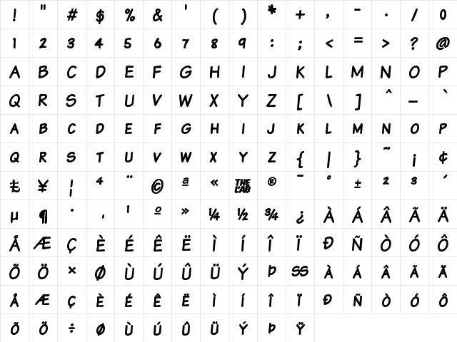 Komika Text Kaps Bold  glyph index