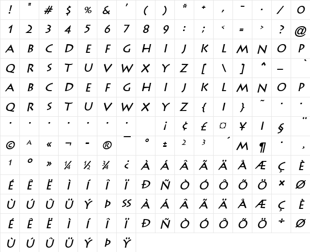 Liste Bold Italic  glyph index