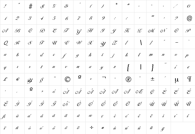 NicholasBecker Regular  glyph index