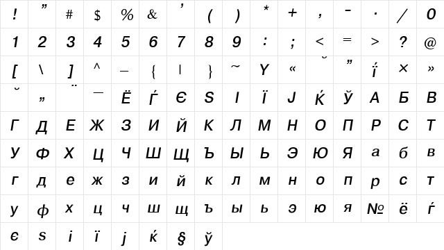 CyrillicHelv Italic  glyph index