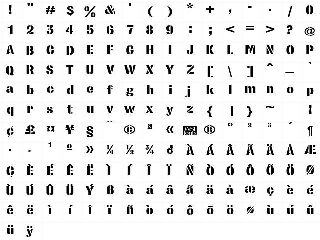 StencilSansXB Regular  glyph index