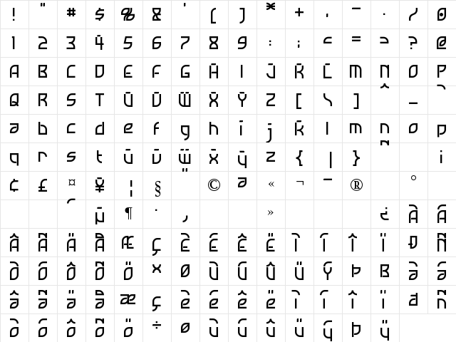 Neostar Regular  glyph index