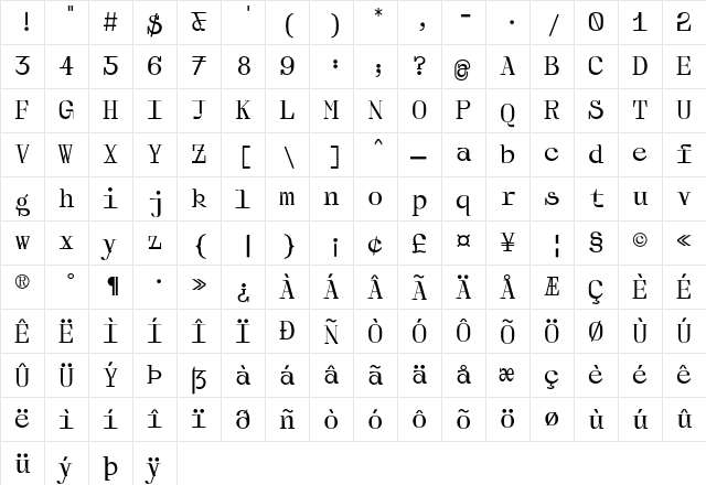 Pito Slab Regular  glyph index