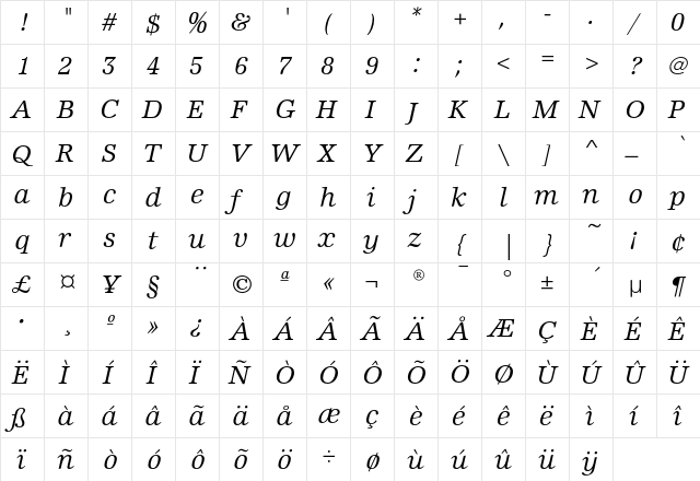 EdisonEF-BookItalic Regular  glyph index
