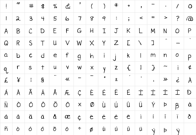 DJB Miss Liz Regular  glyph index