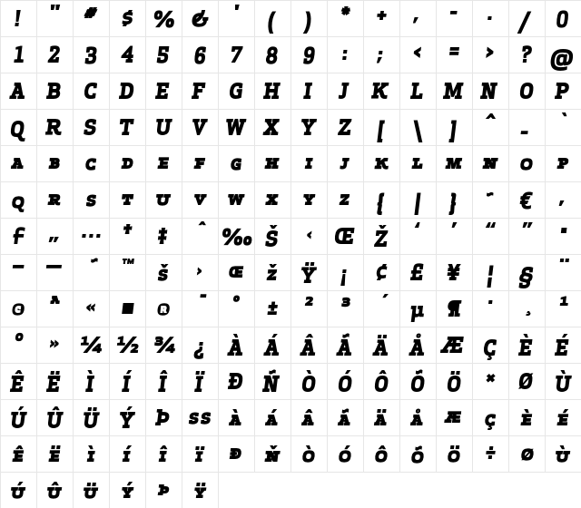 Apex Serif Extra Bold Italic Caps Regular  glyph index