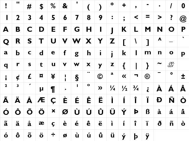Gill SSi Bold  glyph index