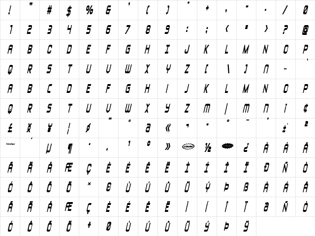 Blizzard Shaft Bold SemiItalic Regular  glyph index