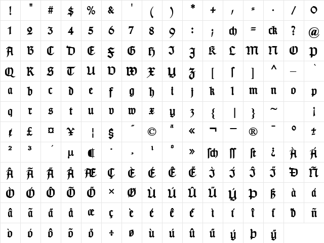 TypographerGotisch D Bold  glyph index
