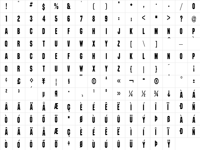 PittsburghCondensed Regular  glyph index