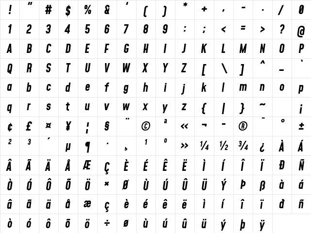 Mohave Bold Italic  glyph index