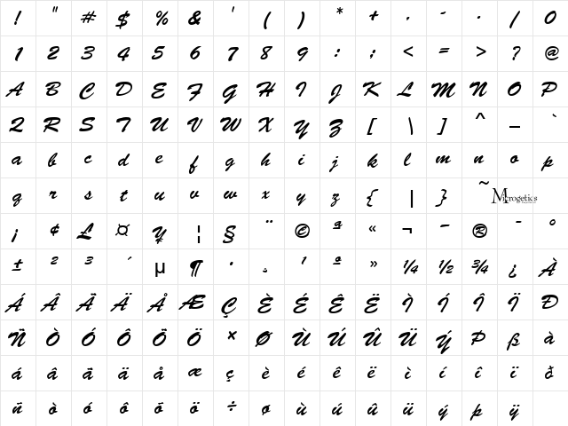 MC Angel Brush Regular  glyph index