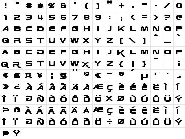 Zebulon Bold  glyph index