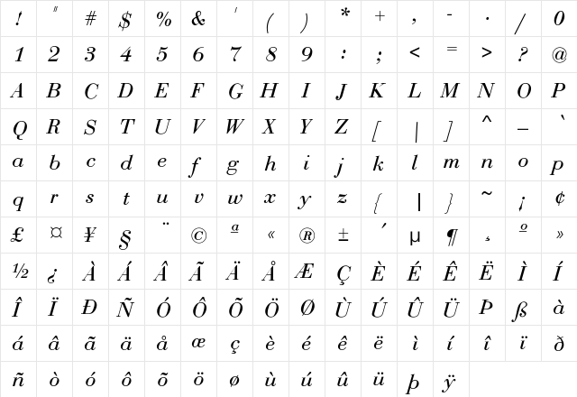 Pina Italic Regular  glyph index