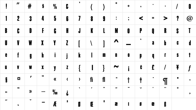 BlockGothicExtraBoldExtraCond Regular  glyph index