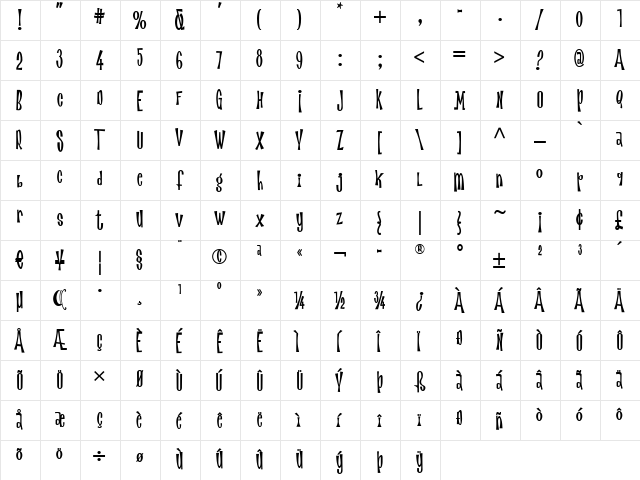 MagicTwangerNF Regular  glyph index