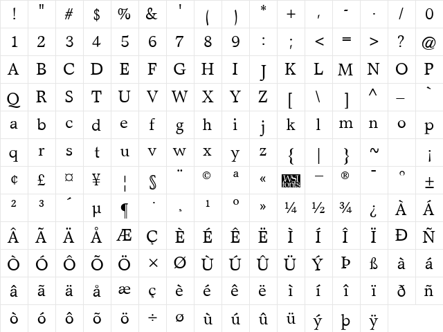 Steward Regular  glyph index
