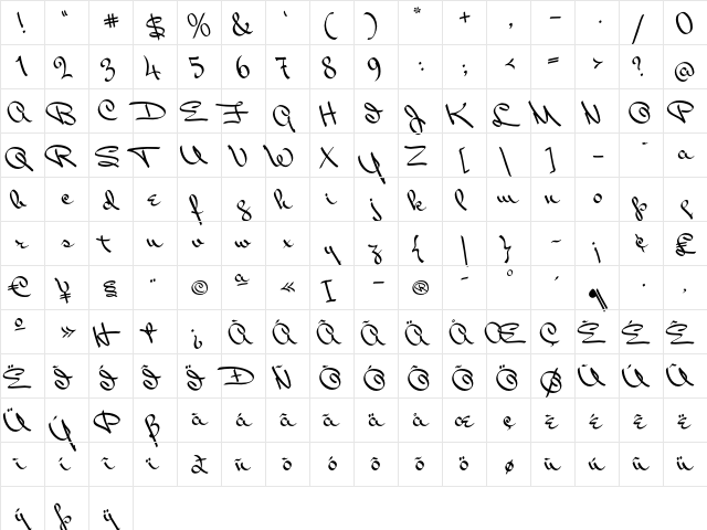 Miss Packgope Regular  glyph index