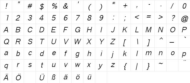 TaxType Bold Italic  glyph index