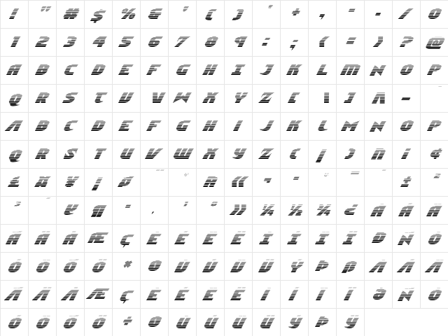 Ninja Garden Gradient Italic Italic  glyph index