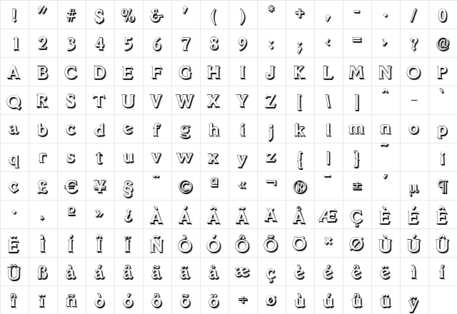 VeracruzShadow Bold  glyph index