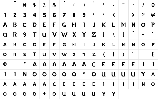 THIAGA Regular  glyph index