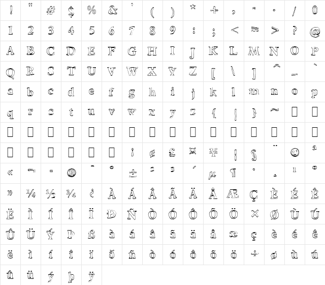 Bounty Bold  glyph index