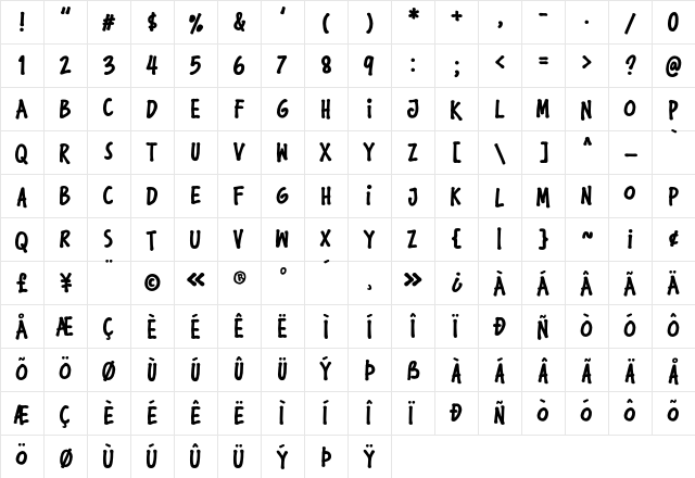 Komikula Bold  glyph index