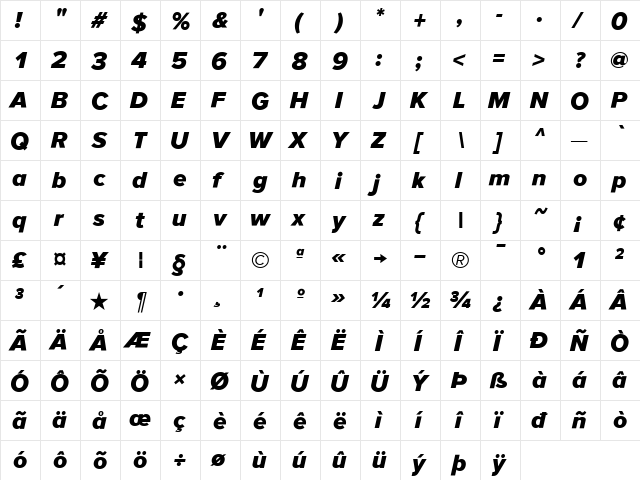 ProximaSansBlackOblique Regular  glyph index