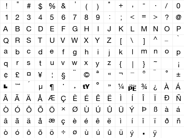 LTFax Regular  glyph index