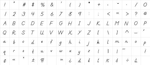 DN Manuscript Regular  glyph index