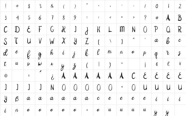 Jenilla Regular  glyph index