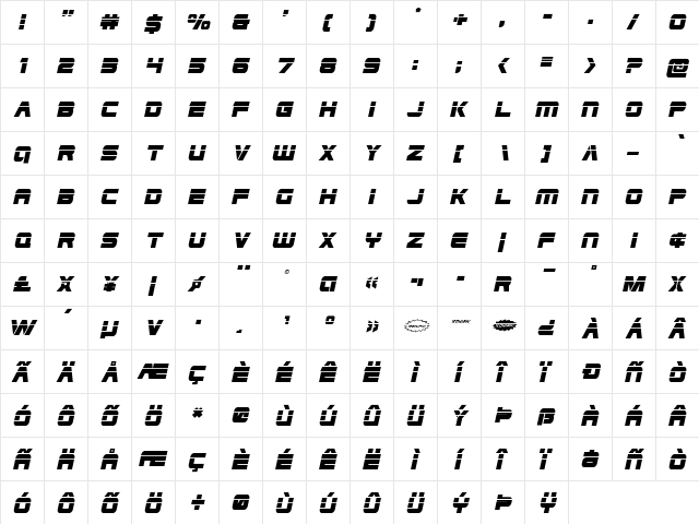 Edge Racer Laser Italic 2 Italic  glyph index