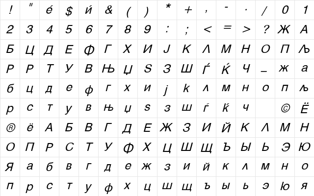 Mak_Hebar_Italic Italic  glyph index