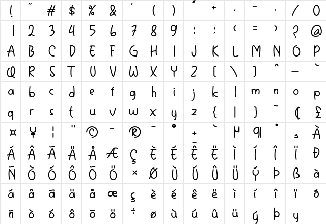 Tomodachy Regular  glyph index