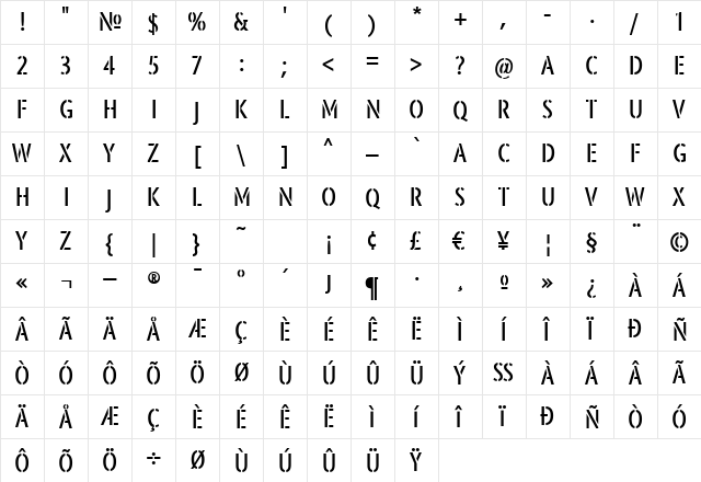 Platoon Medium  glyph index