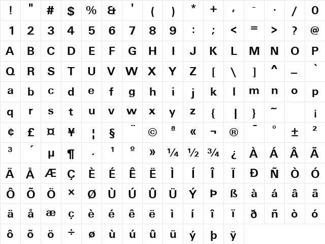 Unique Light BOLD  glyph index