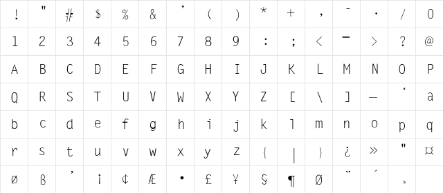 Sandy II Thin Thin  glyph index