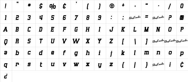 SF Big Whiskey Condensed Bold  glyph index