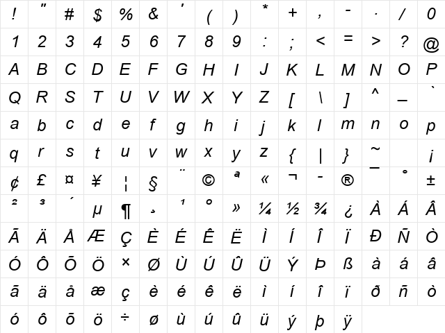 Communication40 Italic  glyph index