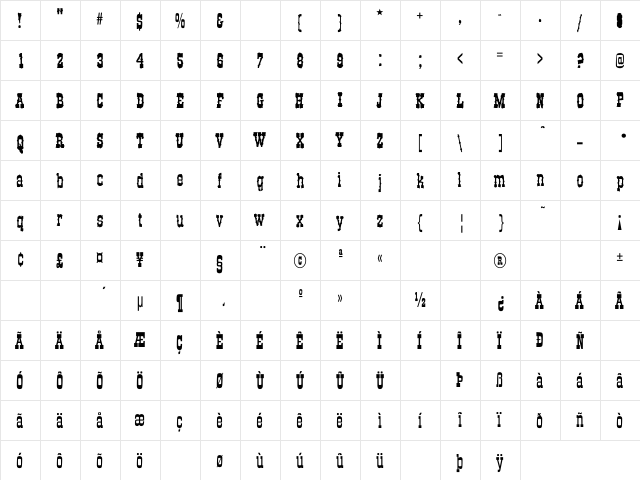 Old West Bold Regular  glyph index